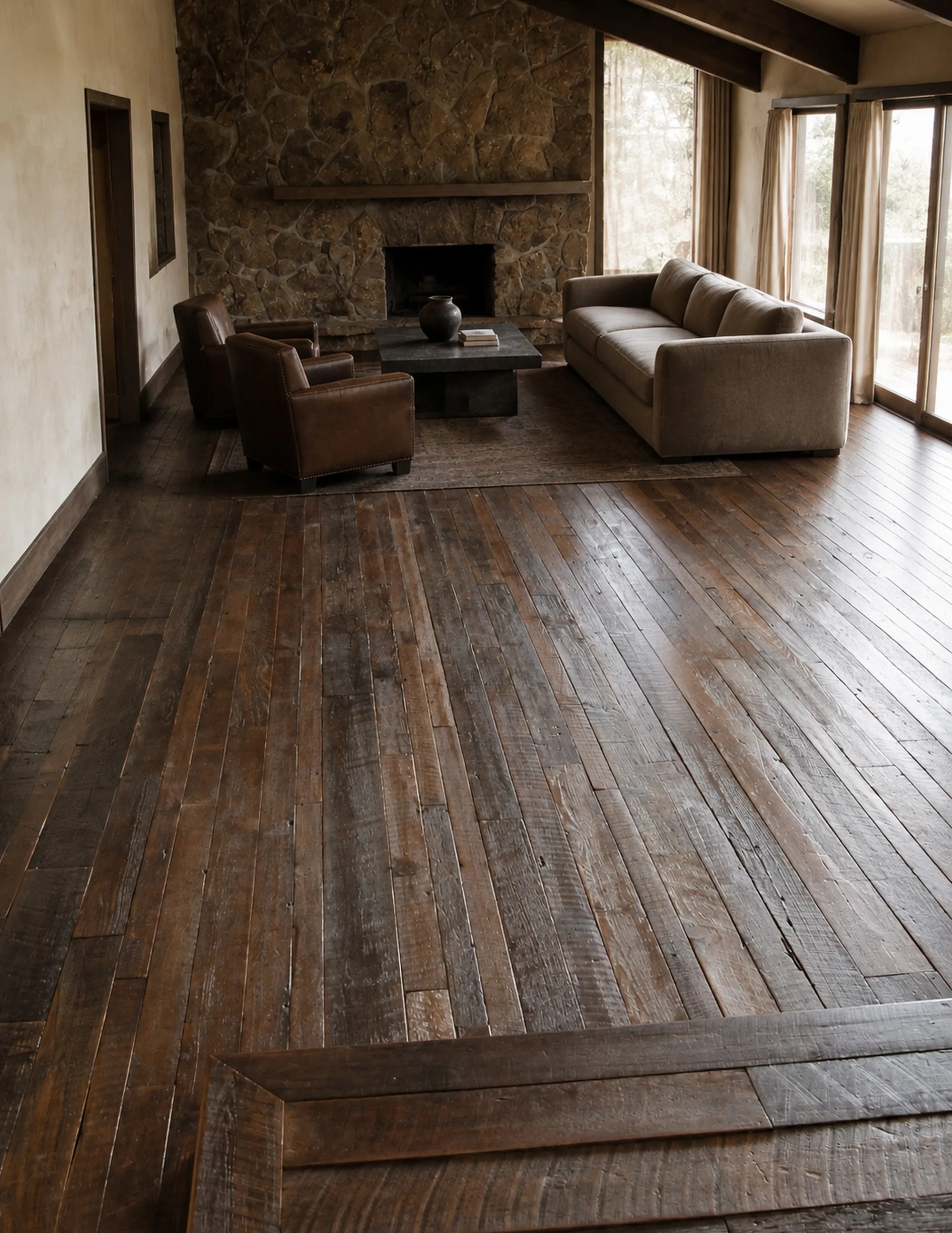 Wide plank reclaimed flooring running through a living room