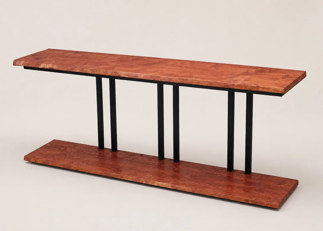 A live edge console table on a steel frame
