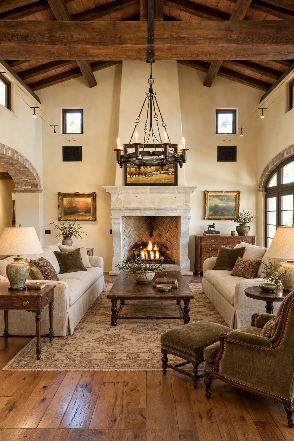 A great room under reclaimed beams, a stone fireplace at its end