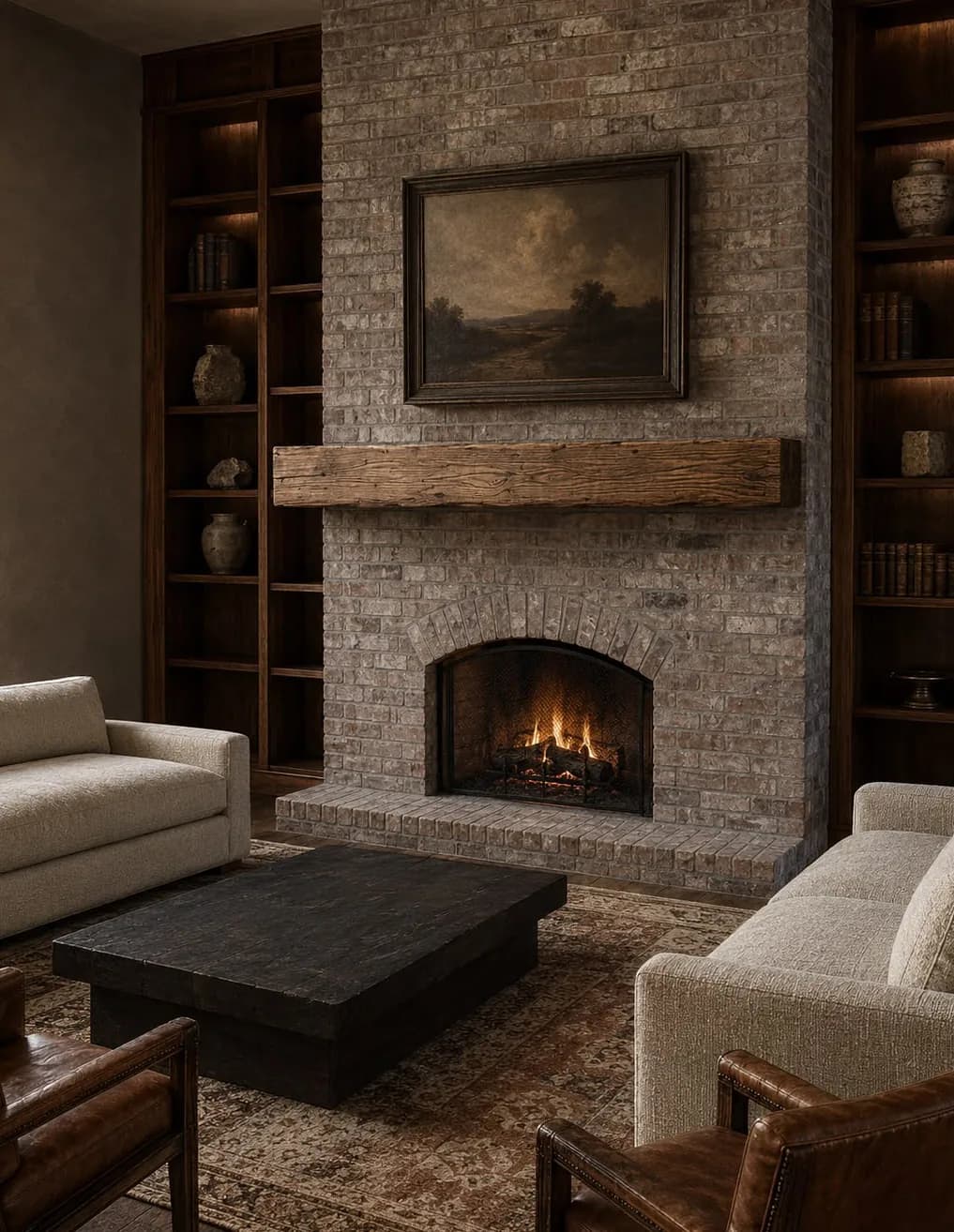 A reclaimed pine mantel above a fireplace
