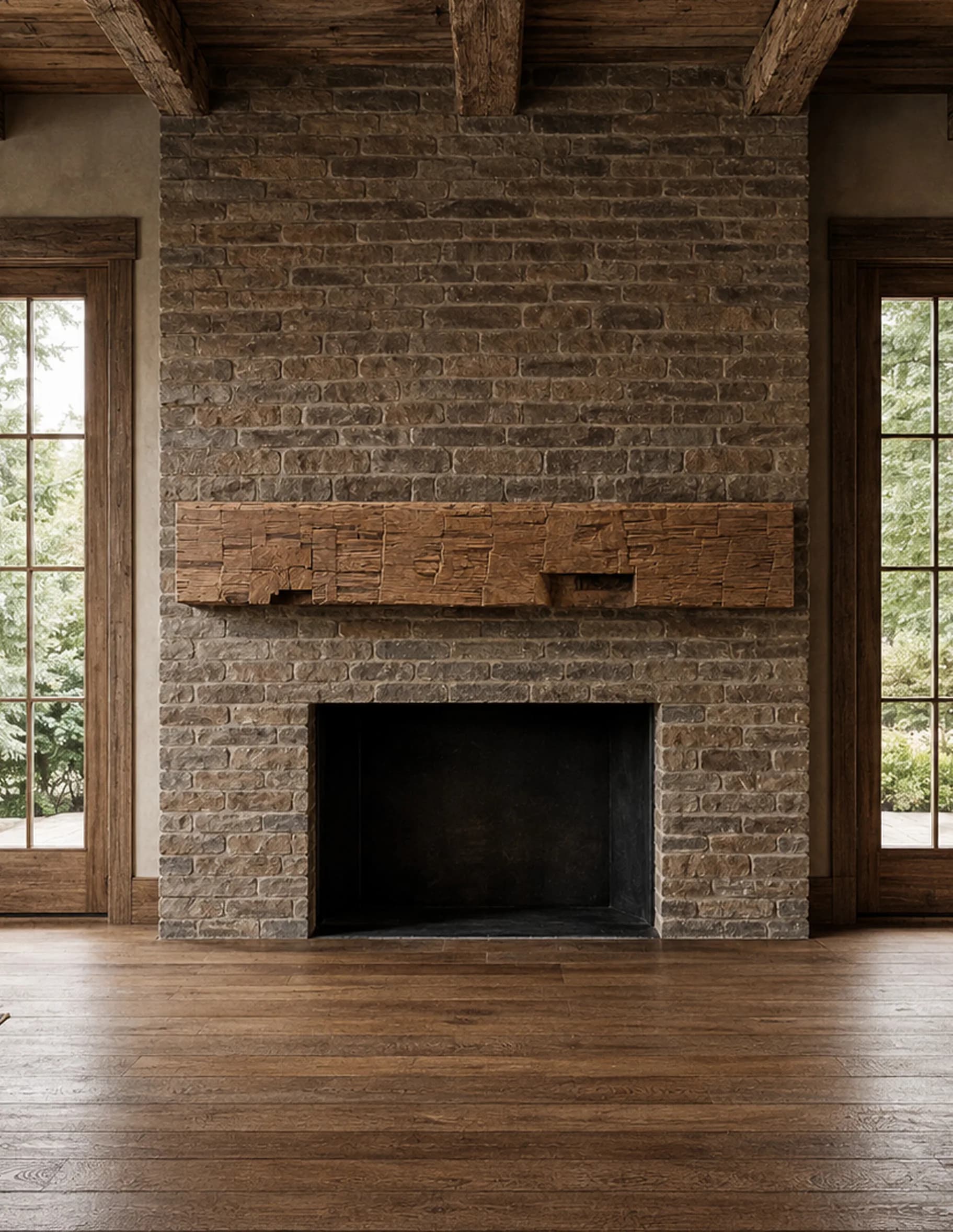 Reclaimed oak millwork around a fireplace