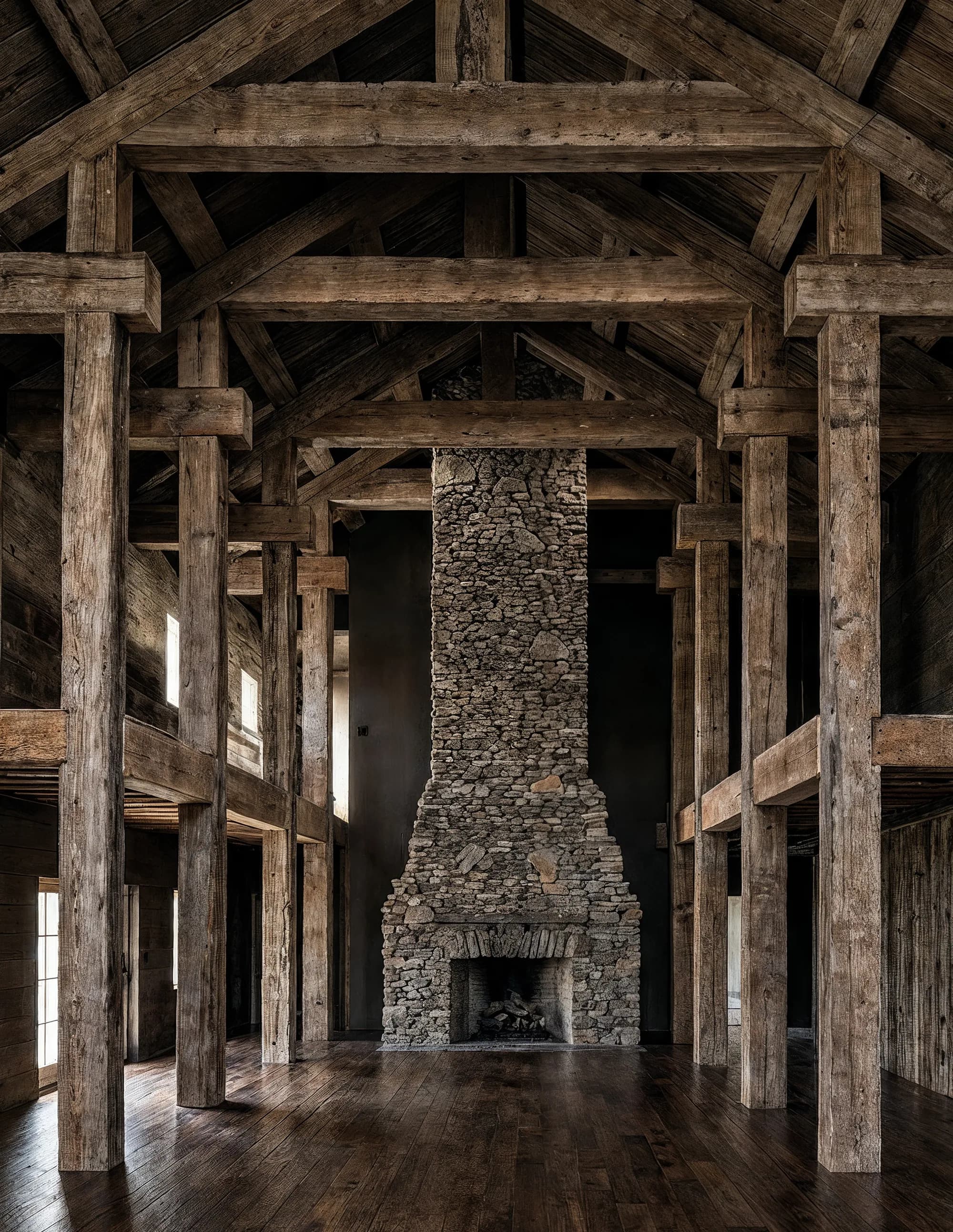 A colonnade of reclaimed timber posts and beams over a brick floor
