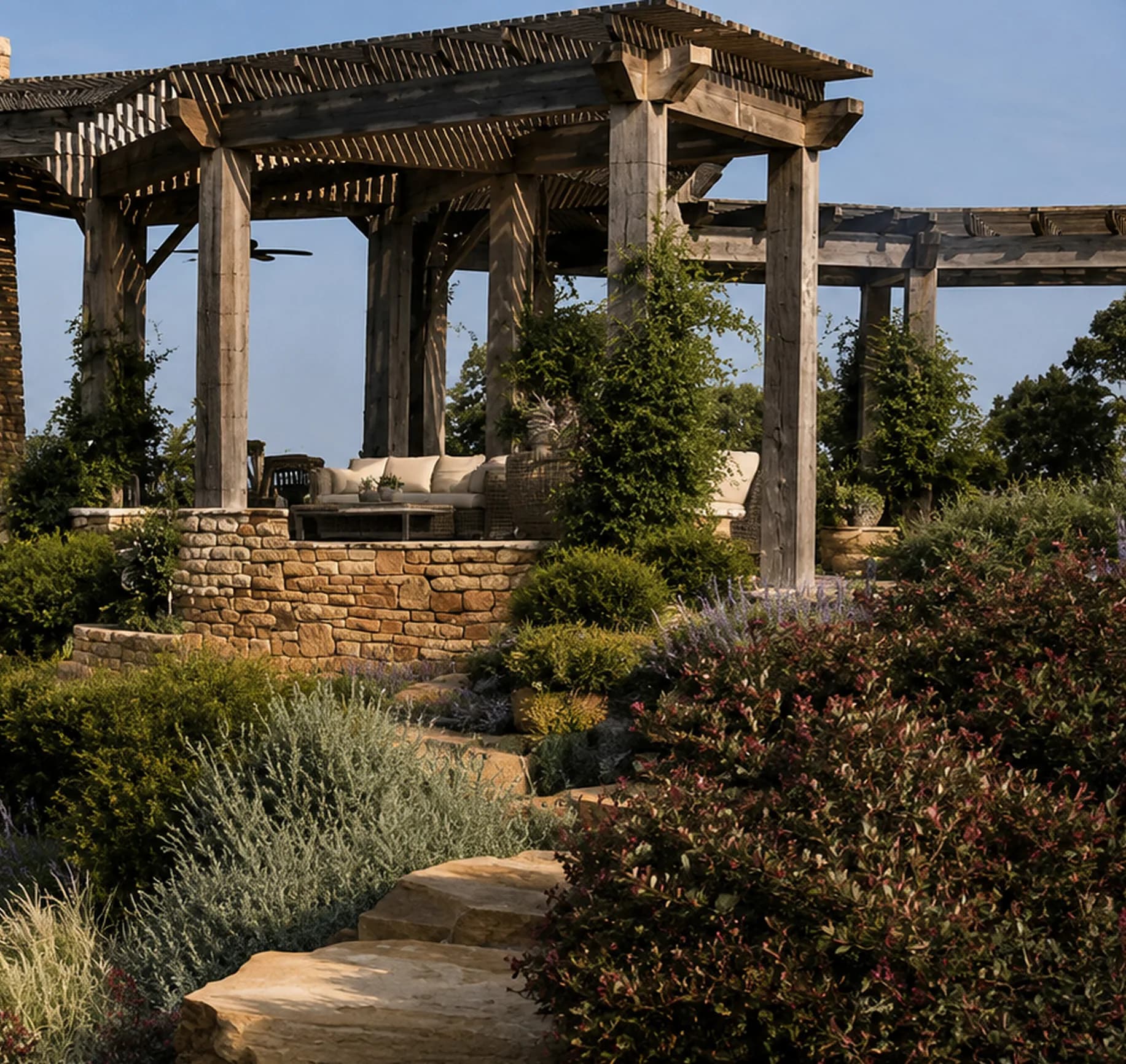 A reclaimed timber pergola in a garden