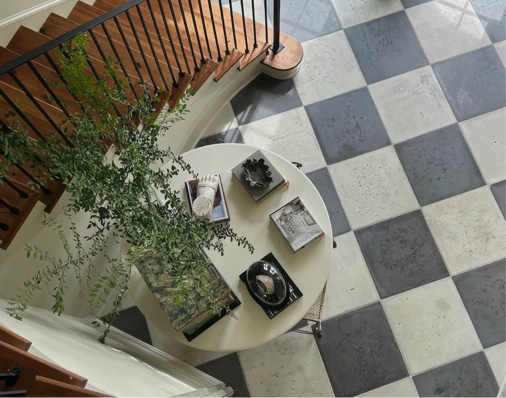 A curved stair with timber treads, seen from the landing above