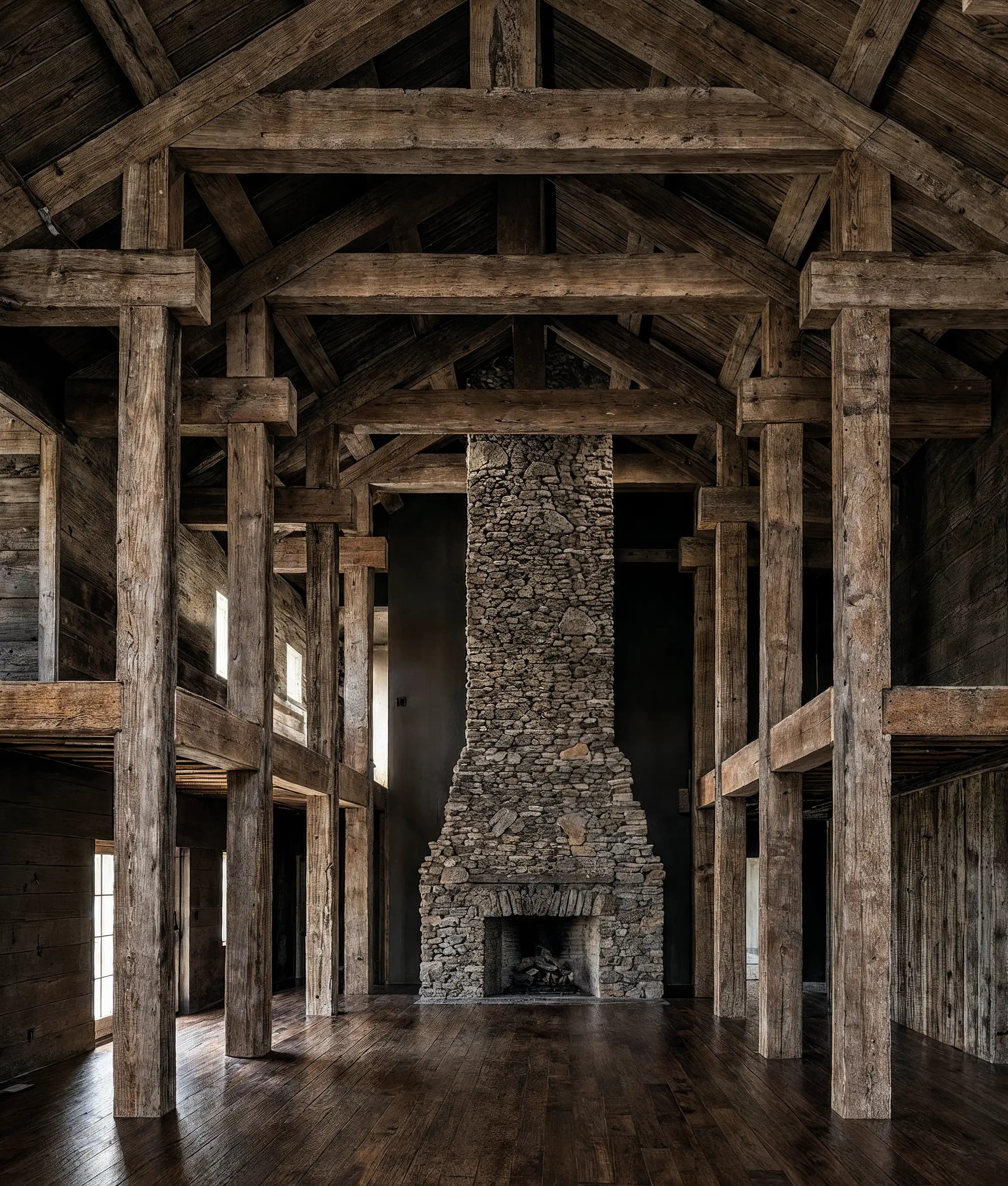 A timber frame lodge interior, posts and trusses around a stone chimney