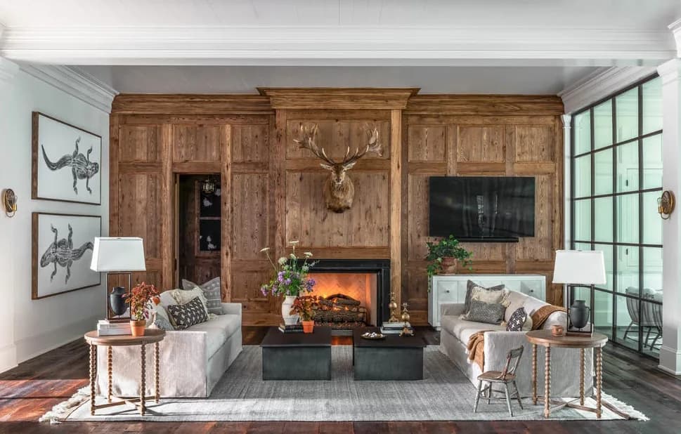 A timber panelled hearth wall